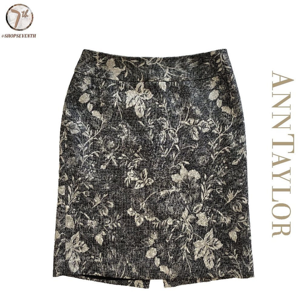 Ann Taylor Silver Tan Retro Boho Vintage Chic Textured Floral Tweed Pencil Skirt